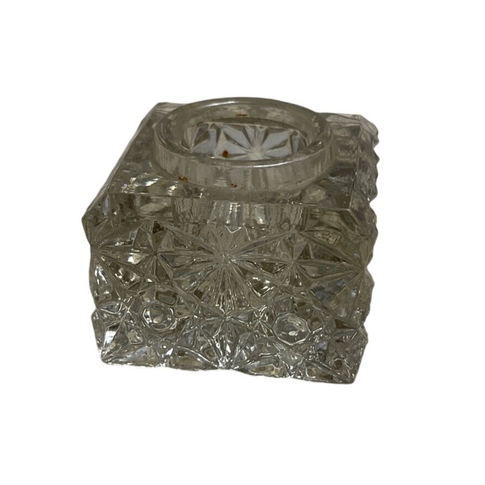 Vintage Cut Glass Square Candle holder Inkwell Starburst Pattern Clear Crystal